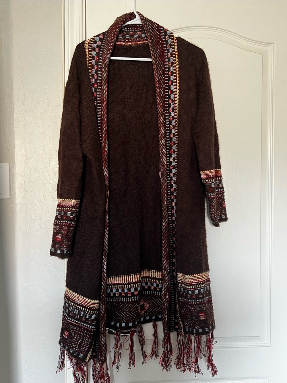 Bohemian Fringe Hem Open-Front Sweater Cardigan - Brown